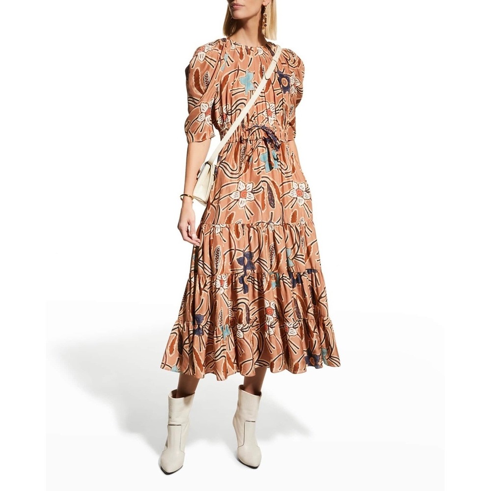 Ulla Johnson Zeenat Silk Floral Batik Tiered Midi Dress Puff Sleeve Copper Sz 4